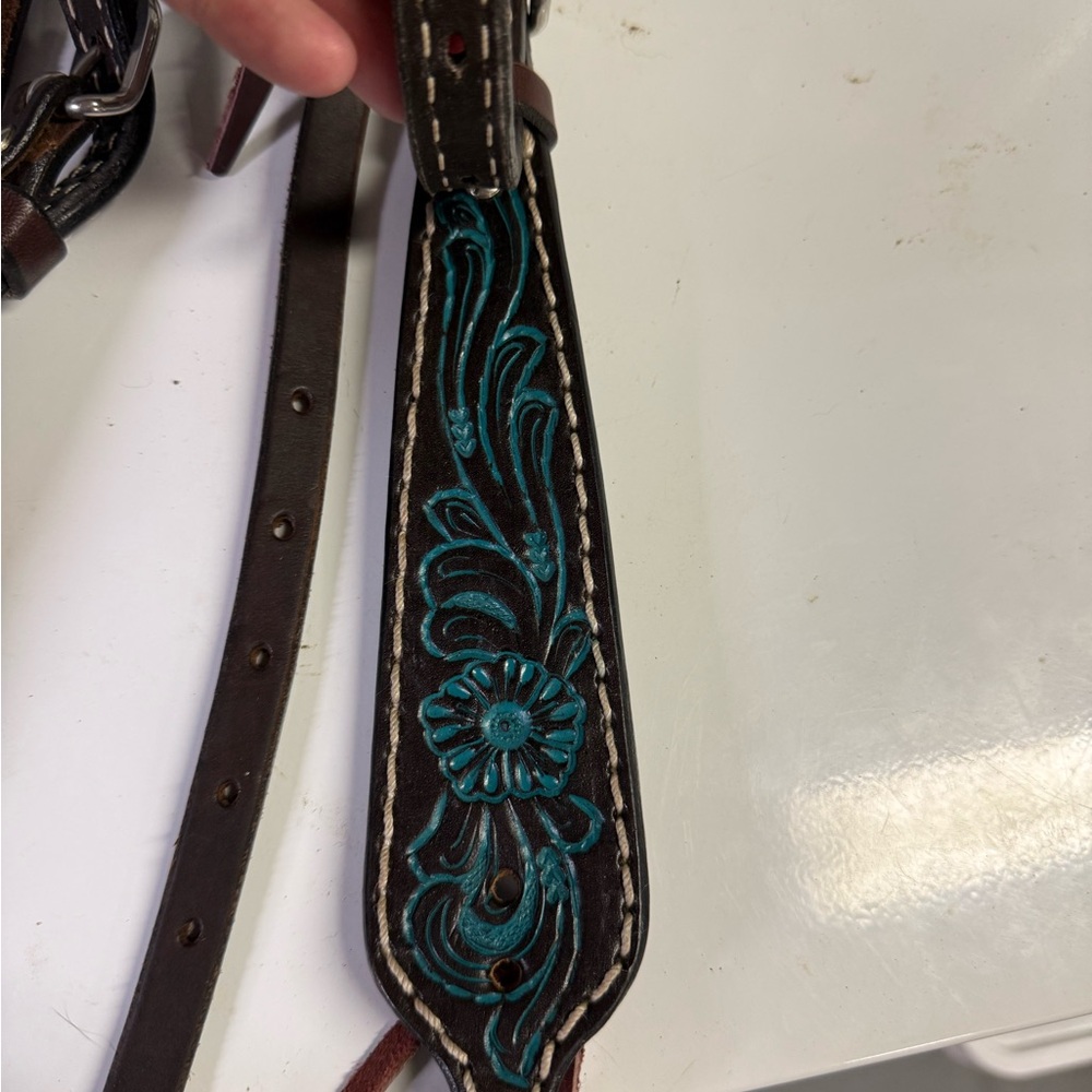 Brown and Teal Leather Horse Bridle - Picture 2 of 4